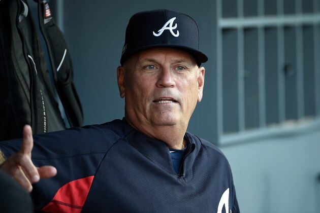 LOS ANGELES, CA - OCTOBER 05:  Brian Snitker #43 of the Atlanta Braves looks on during bullpen prior to Game Two of the National League Division Series against the Los Angeles Dodgers at Dodger Stadium on October 5, 2018 in Los Angeles, California.  (Photo by Kevork Djansezian/Getty Images)