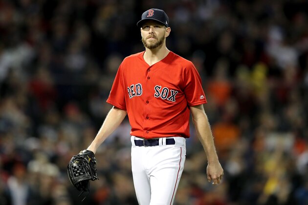BOSTON, MA - OCTOBER 13:  Chris Sale #41 of the Boston Red Sox reacts during the first inning against the Houston Astros in Game One of the American League Championship Series at Fenway Park on October 13, 2018 in Boston, Massachusetts.  (Photo by Elsa/Getty Images)