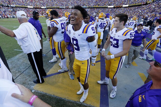 BATON ROUGE, LA - OCTOBER 13: Grant Delpit #9 of the LSU Tigers celebrates during the second half against the Georgia Bulldogs at Tiger Stadium on October 13, 2018 in Baton Rouge, Louisiana. LSU Tigers won 36-16. (Photo by Jonathan Bachman/Getty Images)