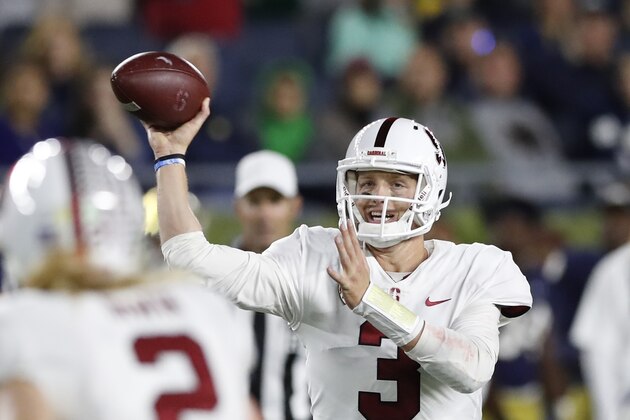Stanford quarterback K.J. Costello (3) throws during the first half of an NCAA college football game against Notre Dame, Saturday, Sept. 29, 2018, in South Bend, Ind. (AP Photo/Carlos Osorio)