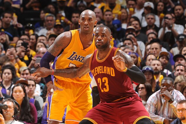LOS ANGELES, CA - MARCH 10:  LeBron James #23 of the Cleveland Cavaliers posts up against Kobe Bryant #24 of the Los Angeles Lakers at STAPLES Center on March 10, 2016 in Los Angeles, California. NOTE TO USER: User expressly acknowledges and agrees that, by downloading and/or using this Photograph, user is consenting to the terms and conditions of the Getty Images License Agreement. Mandatory Copyright Notice: Copyright 2016 NBAE (Photo by Noah Graham/NBAE via Getty Images)