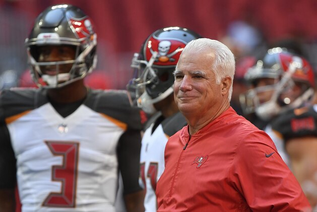 Tampa Bay Buccaneers defensive coordinator Mike Smith walks the field before the first half of an NFL football game between the Atlanta Falcons and the Tampa Bay Buccaneers, Sunday, Oct. 14, 2018, in Atlanta. (AP Photo/John Amis)