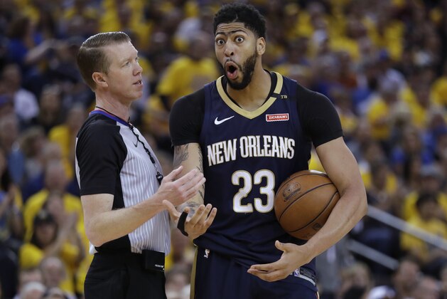 New Orleans Pelicans' Anthony Davis argues a call during the first half in Game 5 of an NBA basketball second-round playoff series against the Golden State Warriors on Tuesday, May 8, 2018, in Oakland, Calif. (AP Photo/Marcio Jose Sanchez)