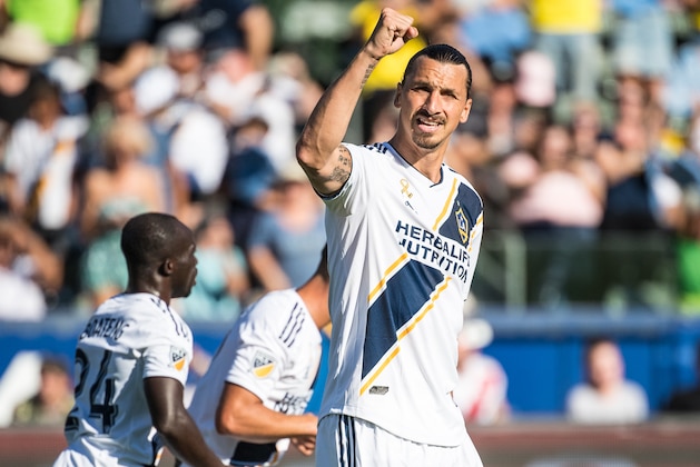 CARSON, CA - SEPTEMBER 23: Zlatan Ibrahimovic #9 of Los Angeles Galaxy celebrates his penalty kick goal during the Los Angeles Galaxy's MLS match against Seattle Sounders at the StubHub Center on September 23, 2018 in Carson, California.  Los Angeles Galaxy won the match 3-0(Photo by Shaun Clark/Getty Images)
