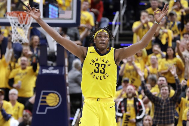 Indiana Pacers' Myles Turner celebrates during the second half of Game 6 of a first-round NBA basketball playoff series against the Cleveland Cavaliers, Friday, April 27, 2018, in Indianapolis. (AP Photo/Darron Cummings)