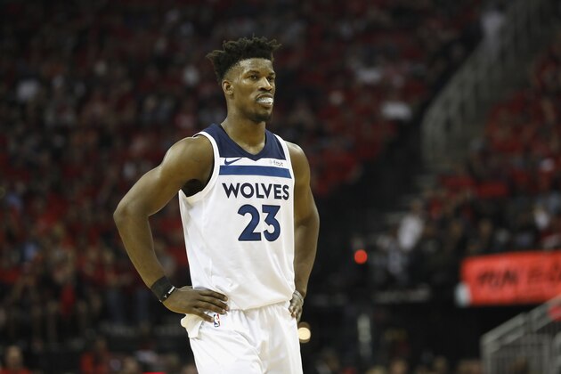 HOUSTON, TX - APRIL 25:  Jimmy Butler #23 of the Minnesota Timberwolves reacts in the second half during Game Five of the first round of the 2018 NBA Playoffs against the Houston Rockets at Toyota Center on April 25, 2018 in Houston, Texas.  NOTE TO USER: User expressly acknowledges and agrees that, by downloading and or using this photograph, User is consenting to the terms and conditions of the Getty Images License Agreement.  (Photo by Tim Warner/Getty Images)