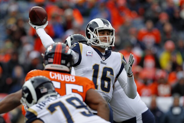 Los Angeles Rams quarterback Jared Goff (16) looks to pass as Denver Broncos linebacker Bradley Chubb (55) pursues during the first half of an NFL football game, Sunday, Oct. 14, 2018, in Denver. (AP Photo/Joe Mahoney)