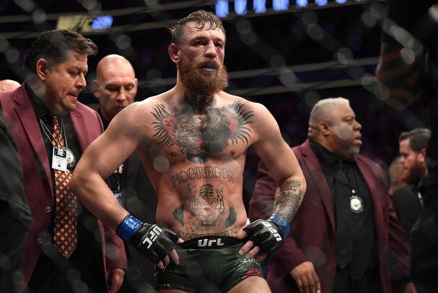 LAS VEGAS, NV - OCTOBER 06:  Conor McGregor of Ireland is involved in a post-fight incident following his loss to Khabib Nurmagomedov of Russia in their UFC lightweight championship bout during the UFC 229 event inside T-Mobile Arena on October 6, 2018 in Las Vegas, Nevada. (Photo by Jeff Bottari/Zuffa LLC/Zuffa LLC via Getty Images)