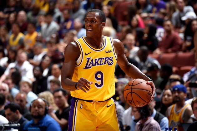 ANAHEIM, CA - OCTOBER 6: Rajon Rondo #9 of the Los Angeles Lakers handles the ball against the LA Clippers during a pre-season game on October 6, 2018 at Honda Center in Anaheim, California. NOTE TO USER: User expressly acknowledges and agrees that, by downloading and/or using this Photograph, user is consenting to the terms and conditions of the Getty Images License Agreement. Mandatory Copyright Notice: Copyright 2018 NBAE (Photo by Andrew D. Bernstein/NBAE via Getty Images)