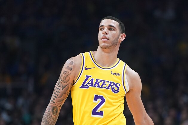SAN JOSE, CA - OCTOBER 12:  Lonzo Ball #2 of the Los Angeles Lakers looks on against the Golden State Warriors during the first half of their NBA basketball game at SAP Center on October 12, 2018 in San Jose, California. NOTE TO USER: User expressly acknowledges and agrees that, by downloading and or using this photograph, User is consenting to the terms and conditions of the Getty Images License Agreement.  (Photo by Thearon W. Henderson/Getty Images)