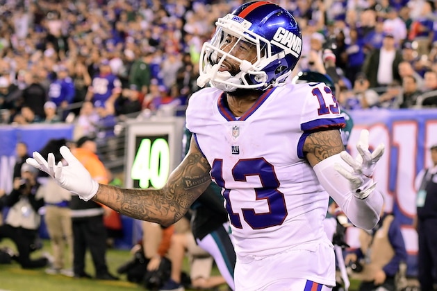 EAST RUTHERFORD, NJ - OCTOBER 11:  Odell Beckham #13 of the New York Giants looks for a pass interference call from the official after the intended pass was broken up by Jalen Mills (not pictured) #31 of the Philadelphia Eagles at MetLife Stadium on October 11, 2018 in East Rutherford, New Jersey.  The Eagles defeated the Giants 34-13.  (Photo by Steven Ryan/Getty Images)