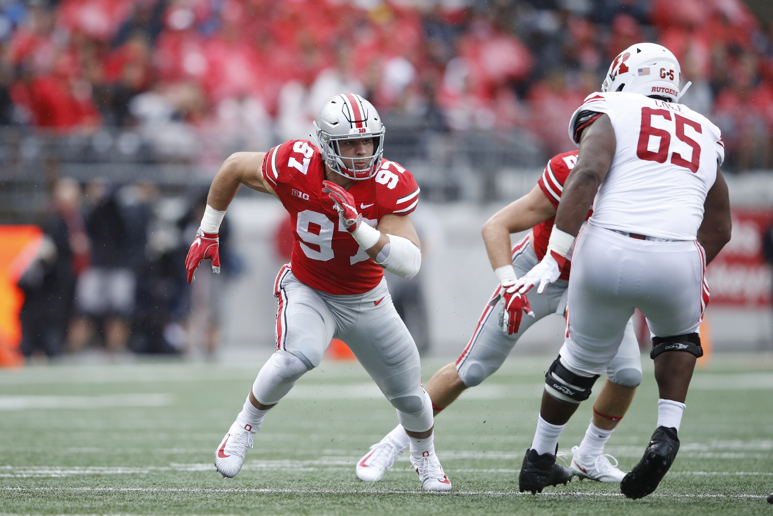COLUMBUS, OH - SEPTEMBER 08: Nick Bosa #97 of the Ohio State Buckeyes in action during the game against the Rutgers Scarlet Knights at Ohio Stadium on September 8, 2018 in Columbus, Ohio. Ohio State won 52-3. (Photo by Joe Robbins/Getty Images)