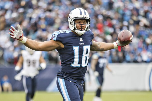 NASHVILLE, TN - DECEMBER 24:  Rishard Matthews #18 of the Tennessee Titans celebrates after getting a first down during a game against the Los Angeles Rams at Nissan Stadium on December 24, 2017 in Nashville, Tennessee.  The Rams defeated the Titans 27-23.  (Photo by Wesley Hitt/Getty Images)