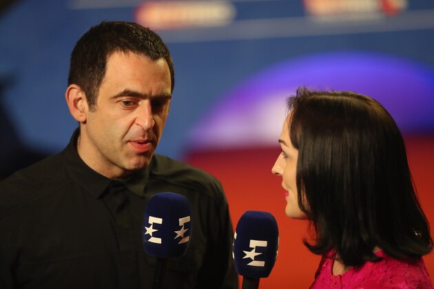 SHEFFIELD, ENGLAND - MAY 07:  Ronnie O'Sullivan (L) is being inerviewed by Rachel Casey and Eurosport ahead of the fourth session of the final between Mark Williams of Wales and John Higgins of Scotland during day seventeen of World Snooker Championship at Crucible Theatre on May 7, 2018 in Sheffield, England.  (Photo by Linnea Rheborg/Getty Images)