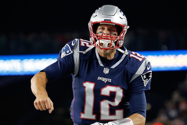 FOXBOROUGH, MA - OCTOBER 14: Tom Brady #12 of the New England Patriots reacts before a game with the Kansas City Chiefs at Gillette Stadium on October 14, 2018 in Foxborough, Massachusetts. (Photo by Jim Rogash/Getty Images)