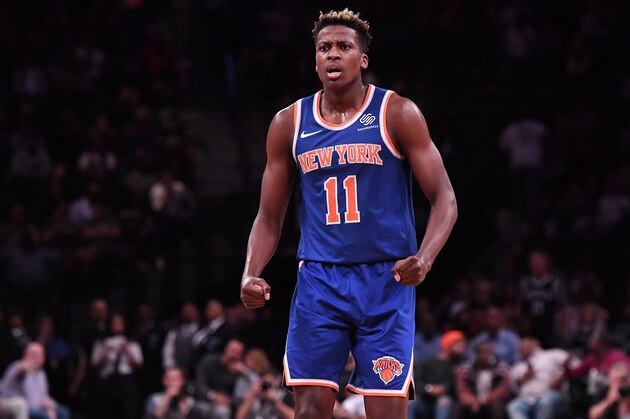 NEW YORK, NY - OCTOBER 03: Frank Ntilikina #11 of the New York Knicks celebrates during the preseason game against the Brooklyn Nets at Barclays Center on October 3, 2018 in the Brooklyn borough of New York City. NOTE TO USER: User expressly acknowledges and agrees that, by downloading and or using this photograph, User is consenting to the terms and conditions of the Getty Images License Agreement. (Photo by Matteo Marchi/Getty Images)