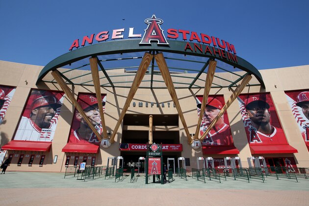 ANAHEIM, CA - APRIL 19:  A general view of the exterior of Angels Stadium is see prior to the MLB game between the Boston Red Sox and the Los Angeles Angels of Anaheimon April 19, 2018 in Anaheim, California. The Red Sox defeated the Angels 8-2.  (Photo by Victor Decolongon/Getty Images)