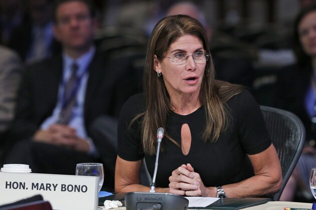 Congresswoman Mary Bono, R-Ca., speaks during a meeting of the Joint Committee Session on addressing the Nation's Opiod Crisis at the National Governors Association Summer meeting at the Greenbrier in White Sulphur Springs, W. Va., Saturday, July 25, 2015.  (AP Photo/Steve Helber)