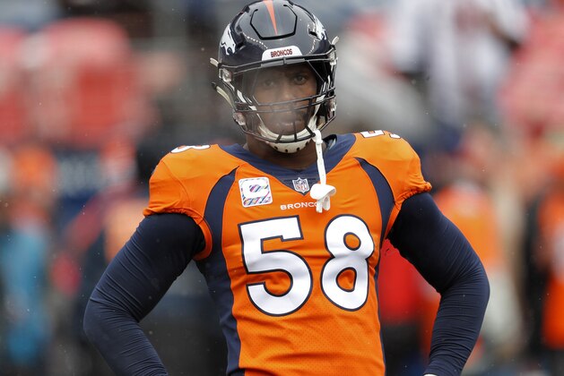 Denver Broncos linebacker Von Miller (58) warms up prior to an NFL football game against the Los Angeles Rams , Sunday, Oct. 14, 2018, in Denver. (AP Photo/David Zalubowski)