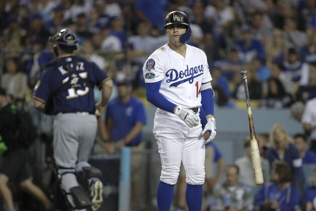 Los Angeles Dodgers' Enrique Hernandez reacts after striking out during the seventh inning of Game 3 of the National League Championship Series baseball game against the Milwaukee Brewers Monday, Oct. 15, 2018, in Los Angeles. (AP Photo/Jae Hong)