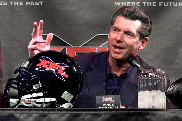 FILE - In this Feb. 3, 2000, Vince McMahon, chairman of the World Wrestling Federation, speaks during a news conference in New York. The XFL is set for a surprising second life, McMahon announced Thursday, Jan. 25, 2018. McMahon said the XFL would return in 2020 but offered few other details about the late winter/early spring football league. (AP Photo/Ed Bailey, File)