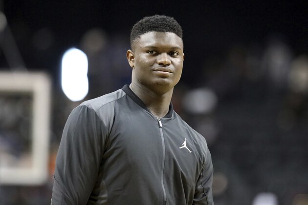 The White Team's Zion Williamson #12 is seen at the Jordan Brand Classic high school basketball game, Sunday, April 8, 2018, in Brooklyn. The White Team won the game. (AP Photo/Gregory Payan)