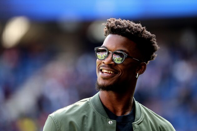 PARIS, FRANCE - AUGUST 25:  Jimmy Butler smiles during the Ligue 1 match between Paris Saint-Germain (PSG) and SCO Angers at Parc des Princes on August 25, 2018 in Paris, France.  (Photo by Xavier Laine/Getty Images)