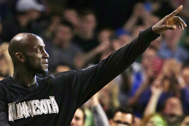 Minnesota Timberwolves forward Kevin Garnett acknowledges the crowd during a timeout in the second half of an NBA basketball game against the Boston Celtics in Boston, Monday, Dec. 21, 2015. Boston won 113-99. (AP Photo/Charles Krupa) Minnesota Timberwolves forward Kevin Garnett acknowledges the crowd during a timeout in the second half of an NBA basketball game against the Boston Celtics in Boston, Monday, Dec. 21, 2015. Boston won 113-99. (AP Photo/Charles Krupa)
