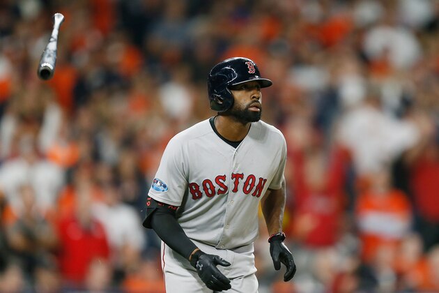 HOUSTON, TX - OCTOBER 16:  Jackie Bradley Jr. #19 of the Boston Red Sox tosses his bat after hitting a grand slam home run in the eighth inning against the Houston Astros during Game Three of the American League Championship Series at Minute Maid Park on October 16, 2018 in Houston, Texas.  (Photo by Bob Levey/Getty Images)