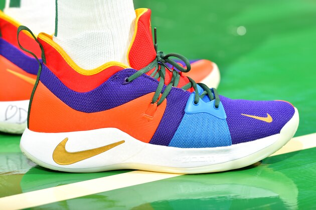 BOSTON, MA - OCTOBER 16: The sneakers worn by Jayson Tatum #0 of the Boston Celtics against the Philadelphia 76ers during a game on October 16, 2018 at TD Garden in Boston, Massachusetts. NOTE TO USER: User expressly acknowledges and agrees that, by downloading and or using this photograph, User is consenting to the terms and conditions of the Getty Images License Agreement. Mandatory Copyright Notice: Copyright 2018 NBAE (Photo by Jesse D. Garrabrant/NBAE via Getty Images)