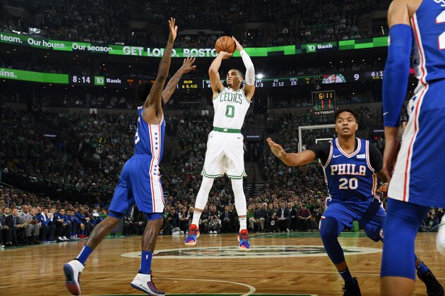 BOSTON, MA - OCTOBER 16:  Jayson Tatum #0 of the Boston Celtics shoots the ball against the Philadelphia 76ers on October 16, 2018 at the TD Garden in Boston, Massachusetts.  NOTE TO USER: User expressly acknowledges and agrees that, by downloading and or using this photograph, User is consenting to the terms and conditions of the Getty Images License Agreement. Mandatory Copyright Notice: Copyright 2018 NBAE  (Photo by Brian Babineau/NBAE via Getty Images)