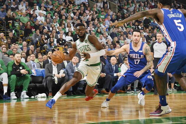 BOSTON, MA - OCTOBER 16:  Jaylen Brown #7 of the Boston Celtics handles the ball against the Philadelphia 76ers on October 16, 2018 at the TD Garden in Boston, Massachusetts.  NOTE TO USER: User expressly acknowledges and agrees that, by downloading and or using this photograph, User is consenting to the terms and conditions of the Getty Images License Agreement. Mandatory Copyright Notice: Copyright 2018 NBAE  (Photo by Brian Babineau/NBAE via Getty Images)