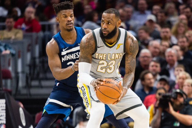 CLEVELAND, OH - FEBRUARY 7: Jimmy Butler #23 of the Minnesota Timberwolves guards LeBron James #23 of the Cleveland Cavaliers during the first half at Quicken Loans Arena on February 7, 2018 in Cleveland, Ohio. NOTE TO USER: User expressly acknowledges and agrees that, by downloading and or using this photograph, User is consenting to the terms and conditions of the Getty Images License Agreement. (Photo by Jason Miller/Getty Images)