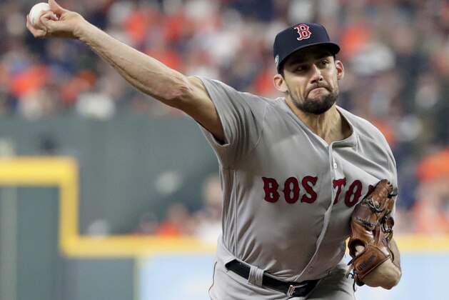Boston Red Sox starting pitcher Nathan Eovaldi throws against the Houston Astros during the first inning in Game 3 of a baseball American League Championship Series on Tuesday, Oct. 16, 2018, in Houston. (AP Photo/Frank Franklin II)