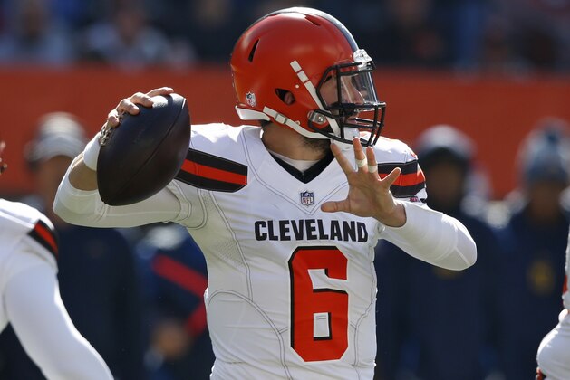 Cleveland Browns quarterback Baker Mayfield looks to throw in the first half during an NFL football game against the Los Angeles Chargers, Sunday, Oct. 14, 2018, in Cleveland. (AP Photo/Ron Schwane)