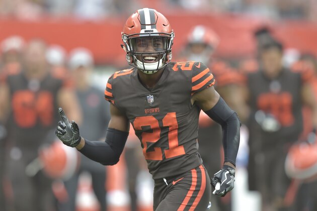 Cleveland Browns cornerback Denzel Ward (21) reacts during an NFL football game against the Baltimore Ravens, Sunday, Oct. 7, 2018, in Cleveland. The Browns won 12-9. (AP Photo/David Richard)