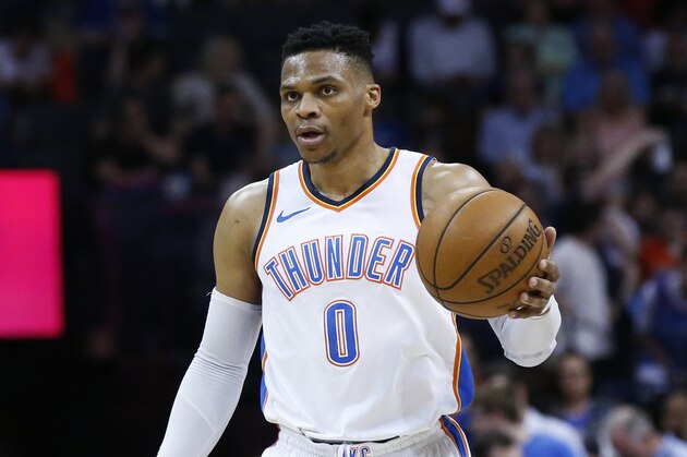 Oklahoma City Thunder guard Russell Westbrook (0) during of an NBA basketball game between the Memphis Grizzlies and the Oklahoma City Thunder in Oklahoma City, Wednesday, April 11, 2018. (AP Photo/Sue Ogrocki)