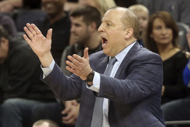 Minnesota Timberwolves head coach Tom Thibodeau applauds his team in the second half of an NBA basketball game against the Cleveland Cavaliers Monday, Jan. 8, 2018, in Minneapolis. (AP Photo/Jim Mone)