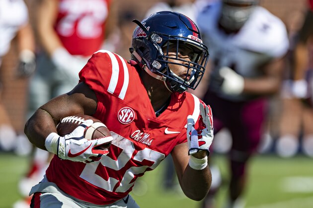 OXFORD, MS - SEPTEMBER 8:  Scottie Phillips #22 of the Mississippi Rebels runs the ball during a game against the Southern Illinois Salukis at Vaught-Hemingway Stadium on September 8, 2018 in Oxford, Mississippi.  The Rebels defeated the Salukis 76-41.  (Photo by Wesley Hitt/Getty Images)