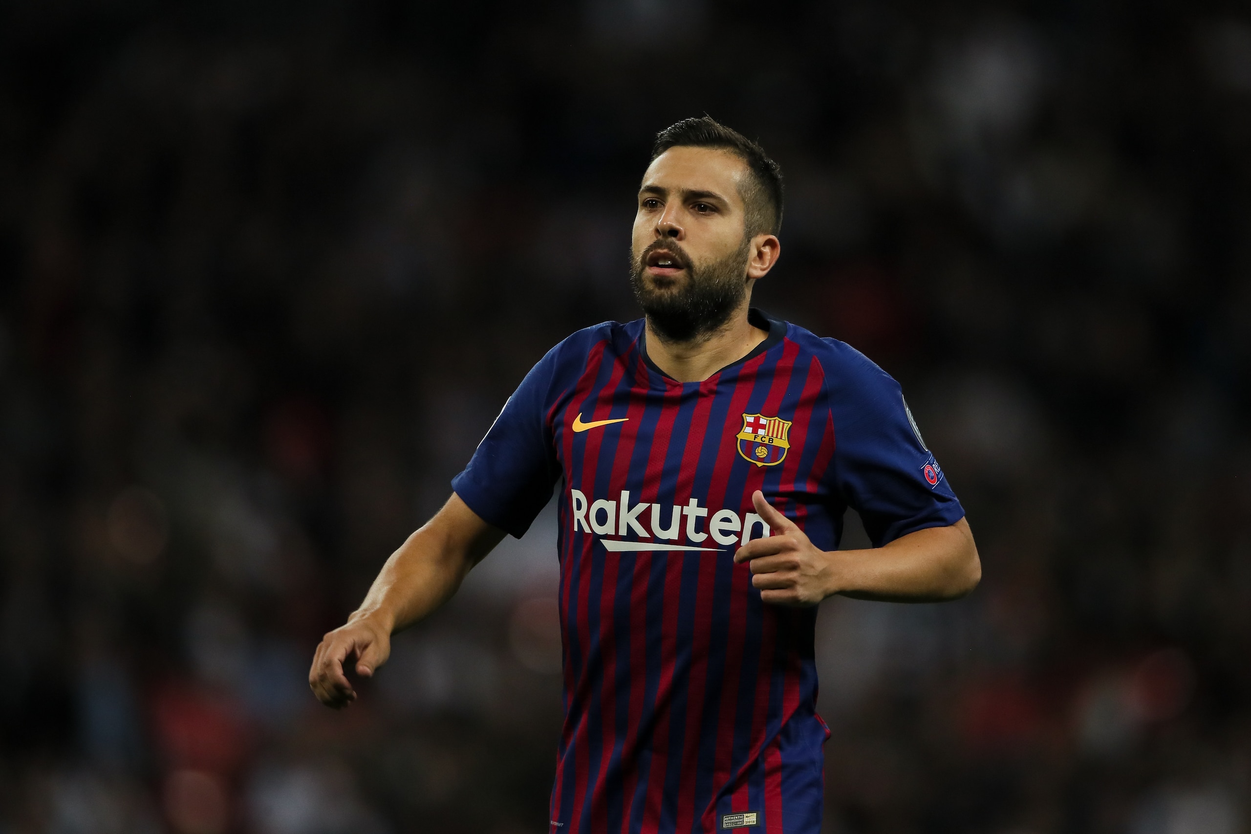 LONDON, ENGLAND - OCTOBER 03: Jordi Alba of FC Barcelona during the Group B match of the UEFA Champions League between Tottenham Hotspur and FC Barcelona at Wembley Stadium on October 3, 2018 in London, United Kingdom. (Photo by Matthew Ashton - AMA/Getty Images)