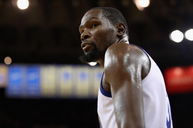 OAKLAND, CA - OCTOBER 16:  Kevin Durant #35 of the Golden State Warriors walks back down court during their game against the Oklahoma City Thunder at ORACLE Arena on October 16, 2018 in Oakland, California.  NOTE TO USER: User expressly acknowledges and agrees that, by downloading and or using this photograph, User is consenting to the terms and conditions of the Getty Images License Agreement.  (Photo by Ezra Shaw/Getty Images)