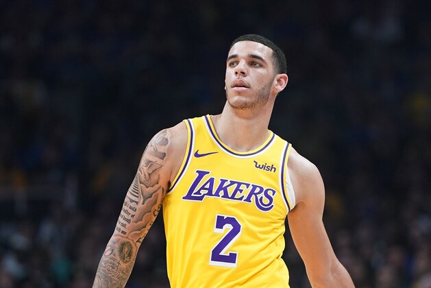 SAN JOSE, CA - OCTOBER 12:  Lonzo Ball #2 of the Los Angeles Lakers looks on against the Golden State Warriors during the first half of their NBA basketball game at SAP Center on October 12, 2018 in San Jose, California. NOTE TO USER: User expressly acknowledges and agrees that, by downloading and or using this photograph, User is consenting to the terms and conditions of the Getty Images License Agreement.  (Photo by Thearon W. Henderson/Getty Images)