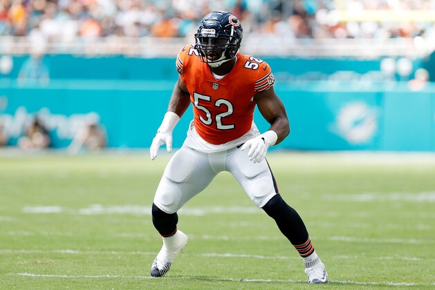 MIAMI, FL - OCTOBER 14:  Khalil Mack #52 of the Chicago Bears in action on the field in the second half with a taped ankle against the Miami Dolphins at Hard Rock Stadium on October 14, 2018 in Miami, Florida.  (Photo by Marc Serota/Getty Images)