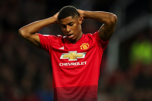 MANCHESTER, ENGLAND - OCTOBER 06: Marcus Rashford of Manchester United reacts during the Premier League match between Manchester United and Newcastle United at Old Trafford on October 6, 2018 in Manchester, United Kingdom. (Photo by Robbie Jay Barratt - AMA/Getty Images)