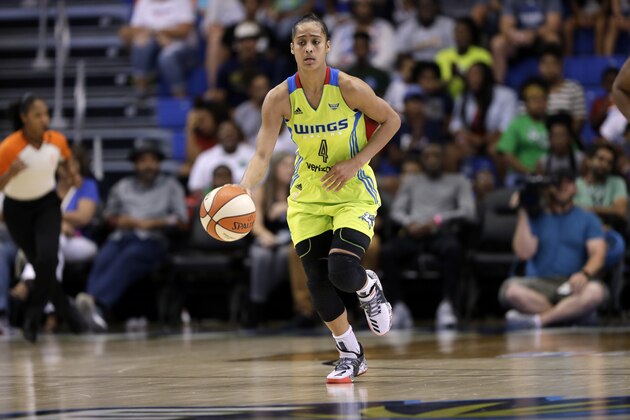 Dallas Wings guard Skylar Diggins-Smith moves the ball up court against the Seattle Storm during a WNBA basketball game, Friday, Aug. 4, 2017, in Arlington, Texas. (AP Photo/Tony Gutierrez) Dallas Wings guard Skylar Diggins-Smith moves the ball up court against the Seattle Storm during a WNBA basketball game, Friday, Aug. 4, 2017, in Arlington, Texas. (AP Photo/Tony Gutierrez)