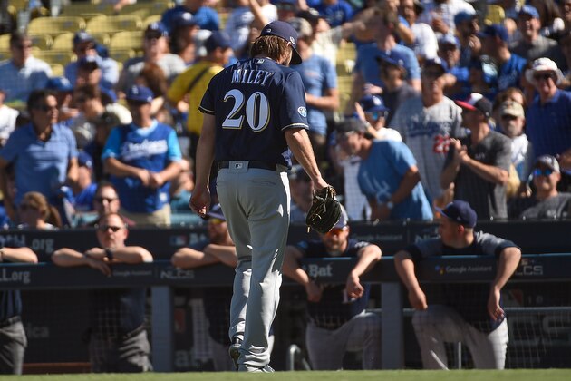LOS ANGELES, CA - OCTOBER 17:  Wade Miley #20 of the Milwaukee Brewers is taken out of the game during the first inning against the Los Angeles Dodgers in Game Five of the National League Championship Series at Dodger Stadium on October 17, 2018 in Los Angeles, California.  (Photo by Kevork Djansezian/Getty Images)
