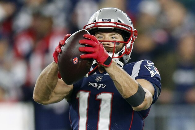 New England Patriots wide receiver Julian Edelman warms up before an NFL football game against the Kansas City Chiefs, Sunday, Oct. 14, 2018, in Foxborough, Mass. (AP Photo/Michael Dwyer)