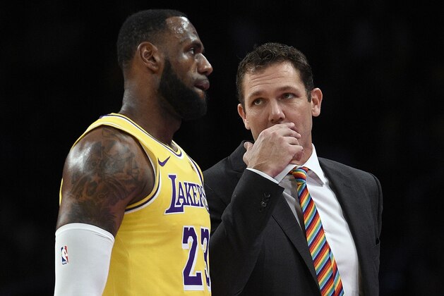 LOS ANGELES, CA - OCTOBER 04: Head coach Luke Walton of the Los Angeles talks with LeBron James #23 during a pre-season basketball game against Sacramento Kingsat Staples Center on October 4, 2018 in Los Angeles, California. NOTE TO USER: User expressly acknowledges and agrees that, by downloading and or using this photograph, User is consenting to the terms and conditions of the Getty Images License Agreement. (Photo by Kevork Djansezian/Getty Images)