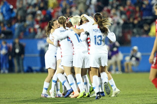FRISCO, TX - OCTOBER 17: Rose Lavelle of United States celebrates with teammates after scoring a goal during a match between Canada and United States as part of CONCACAF Women's Championship at Toyota Stadium on October 17, 2018 in Frisco, Texas. (Photo by Omar Vega/Getty Images)
