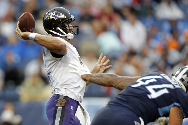 Baltimore Ravens quarterback Joe Flacco passes against the Tennessee Titans in the second half of an NFL football game Sunday, Oct. 14, 2018, in Nashville, Tenn. (AP Photo/Wade Payne)